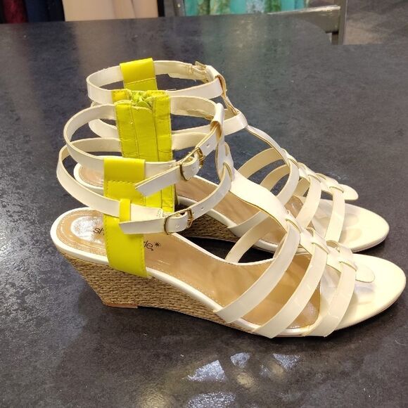 Shoe Dazzle Yellow and White Strappy Wedge Sandals - Picture 1 of 5
